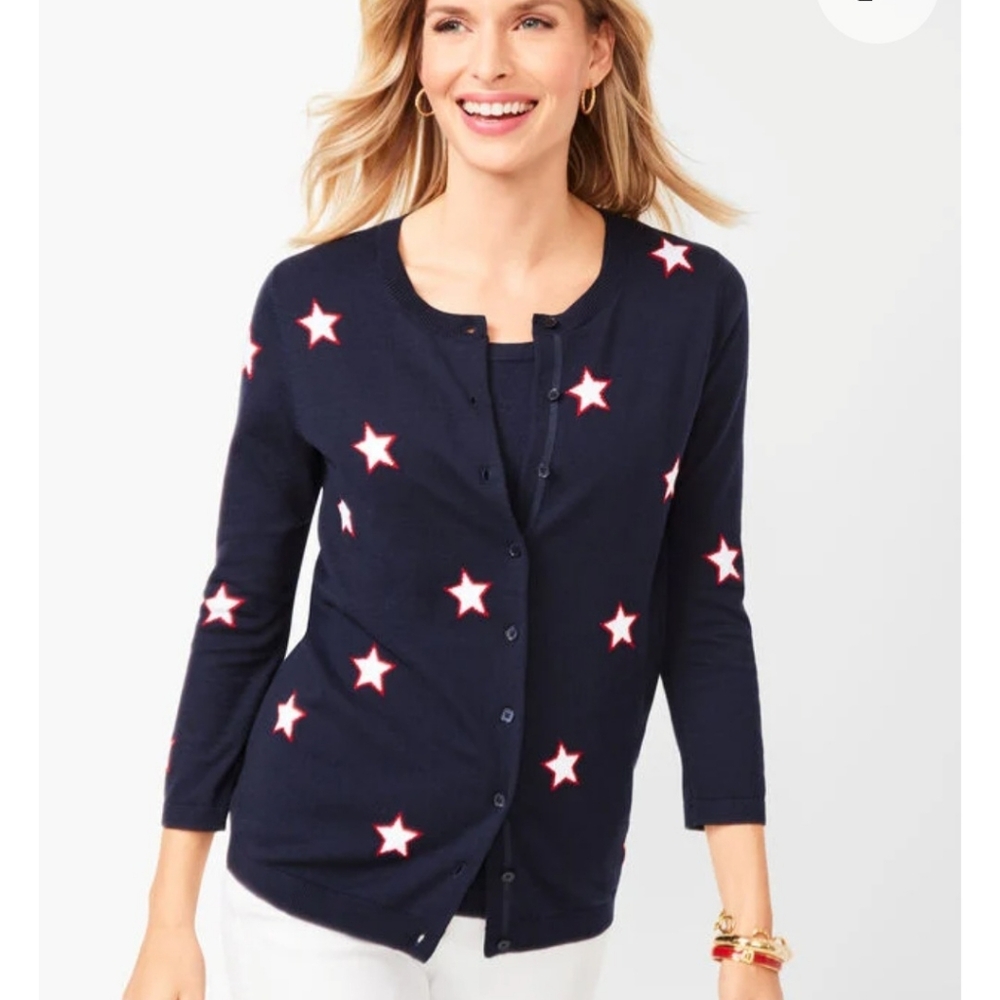 Talbots Womens Patriotic Navy Blue Cardigan With Quarter Length Sleeves